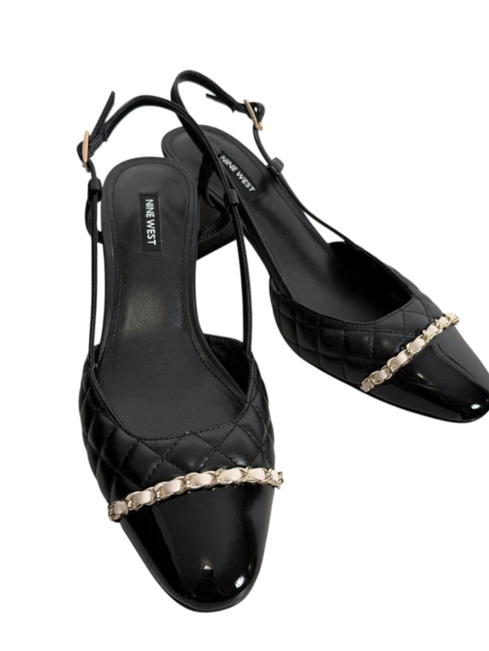 Nine West Pumps Block Heel Womens 9.5 Black Quilted Slingback Cap Toe Career - Picture 2 of 4